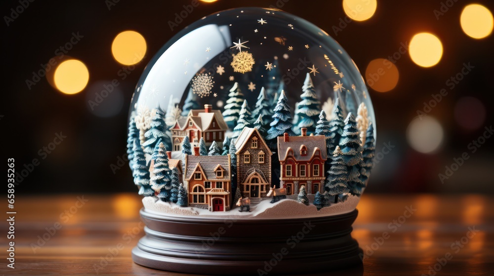 Christmas glass ball in snow with miniature winter world inside. - obrazy, fototapety, plakaty 