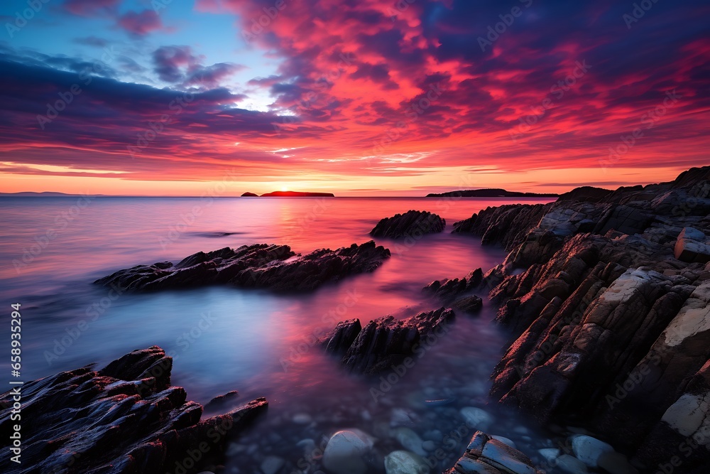 Beautiful sunset over the sea. Colorful sky and rocks.