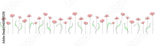 Horizontal border of abstract linear flowers with leaves, isolated on a white background. Exquisite spring or summer flowers. Floral minimalistic design. Vector decor for cover, banner, greeting card
