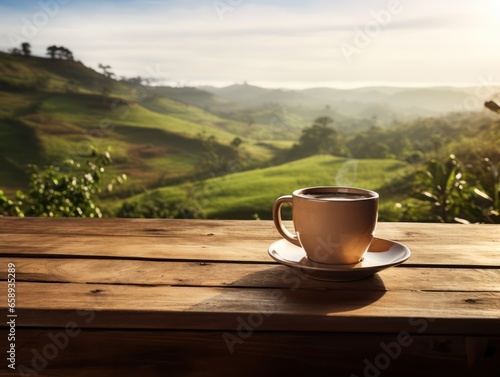 Close up coffee on wood table nature background in garden.