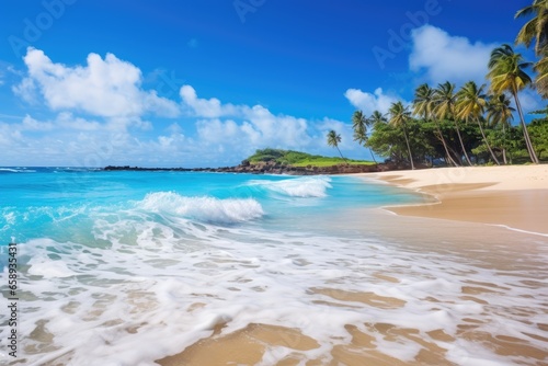 Beautiful beach Anse Intendance at Seychelles, Beautiful tropical Barbados island. View of the golden beach with palms and crystal clear water, AI Generated