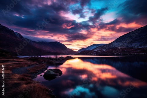Beautiful sunset over Glencoe lake in Scotland, United Kingdom, beautiful twilight sky over a fjord, AI Generated