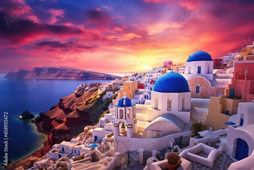 Santorini, Greece. Picturesque sunset over the sea, Beautiful view of Churches in Oia village, Santorini island in Greece at sunset, with dramatic sky, AI Generated