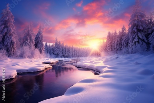 Sunrise/Sunset Over the River in the Snowy Forest in the Mountains © Schizarty