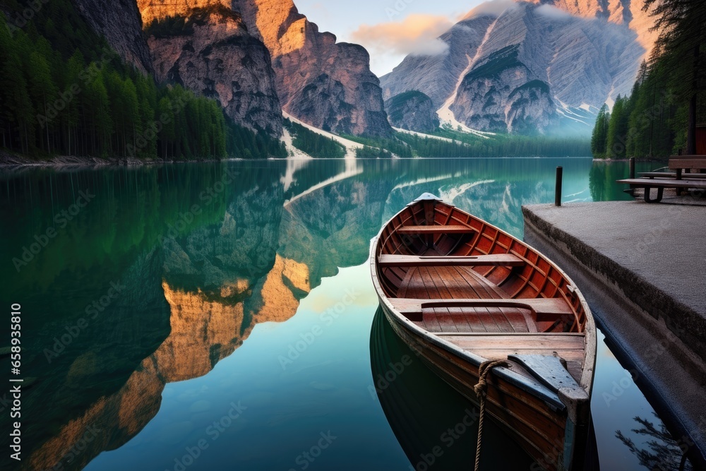 Fototapeta premium Lake braies in south tyrol, italy at sunrise, Beautiful view of traditional wooden rowing boat on scenic Lago di Braies in the Dolomites in scenic morning light at sunrise, AI Generated