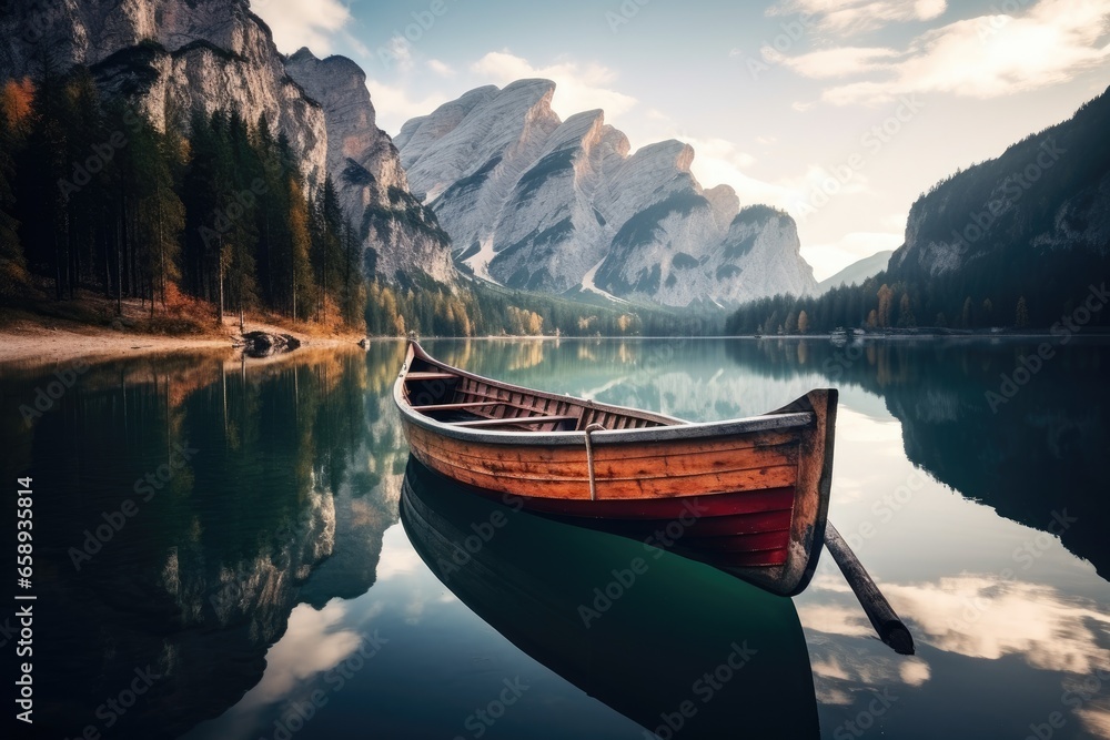 Fantastic lake braies in south tyrol, italy, Beautiful view of traditional wooden rowing boat on scenic Lago di Braies in the Dolomites in scenic morning light at sunrise, AI Generated