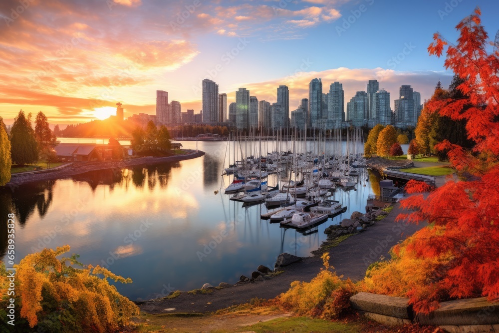 Obraz premium Downtown Vancouver, British Columbia, Canada at Stanley Park in autumn, Beautiful view of Vancouver, British Columbia, Canada, AI Generated