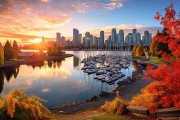 Downtown Vancouver, British Columbia, Canada at Stanley Park in autumn, Beautiful view of Vancouver, British Columbia, Canada, AI Generated