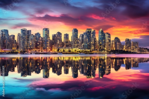 Sunset in the city with reflection of skyscrapers in water, Beautiful view of downtown Vancouver skyline, British Columbia, Canada, AI Generated