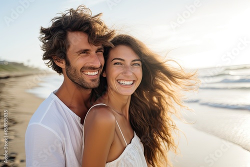 Portrait of a happy young couple embracing on the beach at sunset, Beautiful young couple smiling on a summer day at the beach, AI Generated