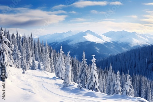 Beautiful winter landscape with snow covered fir trees Carpathian, Ukraine, Beautiful winter landscape in the Carpathian Mountains, Ukraine, AI Generated