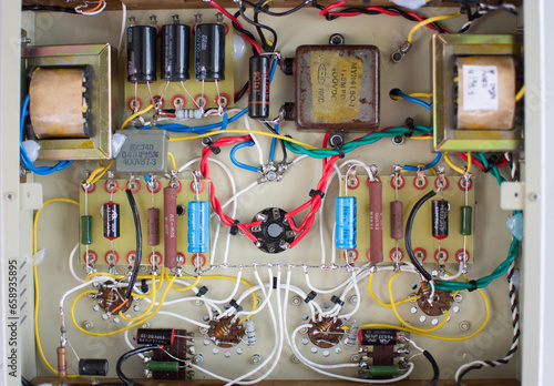 Vintage Tube amplifier, vintage circuit building,Social media, Multimedia speaker, Musical stereo speakers wooden in the interior of a bright room. Musical concept.