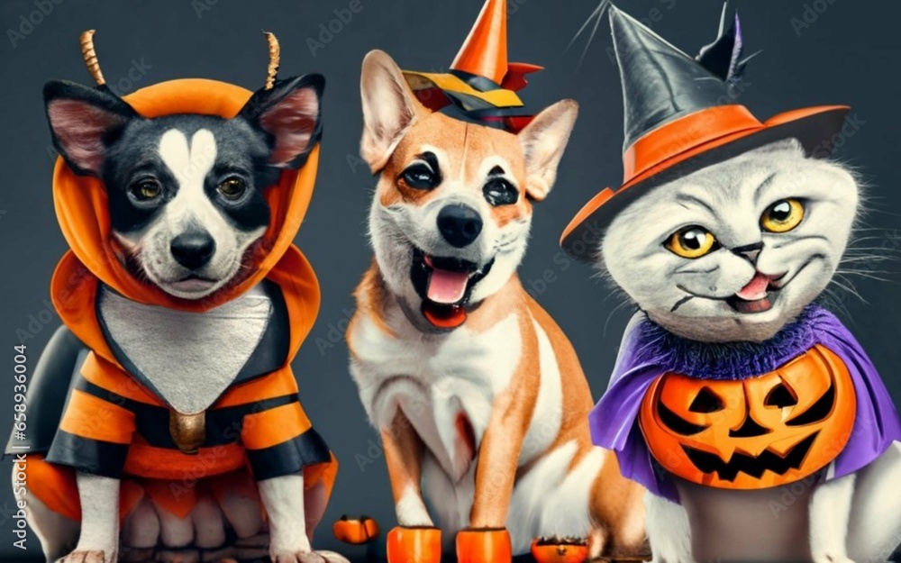 A group of adorable animals dressed up in Halloween costumes. A group of adorable animals dressed up in Halloween costumes.