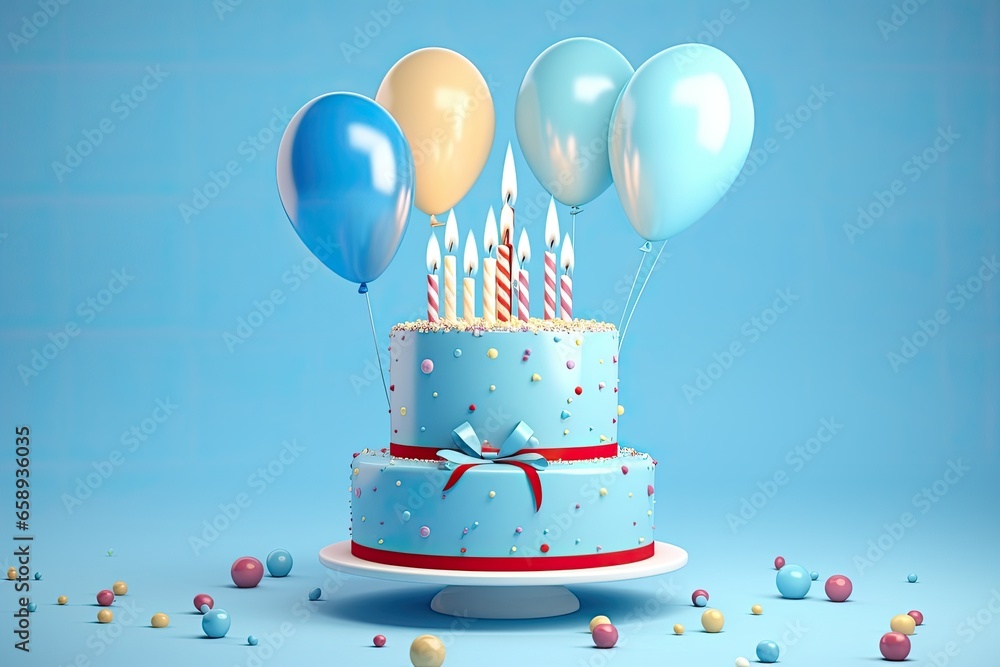 birthday cake with balloons and ribbons 3d render on blue background ...