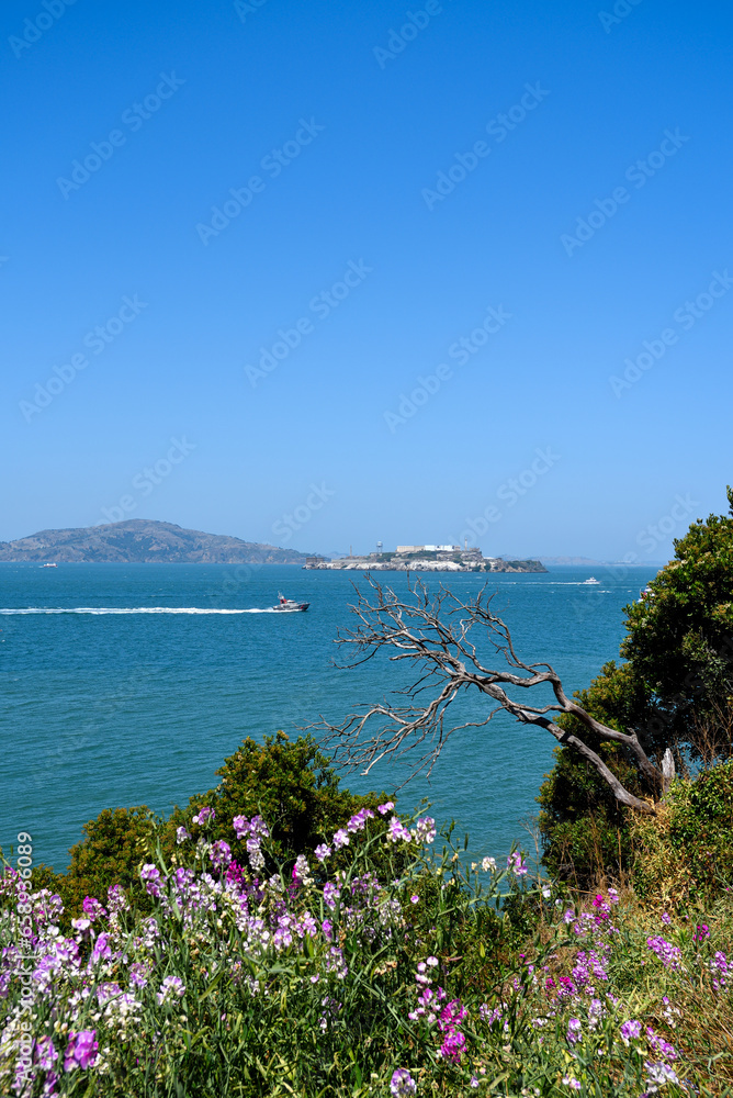 View from Fort Mason to Alcatraz Island in San Francisco Bay, California