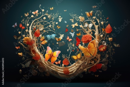Abstract floral background with butterflies and flowers. 3d render illustration, Biological and science background, AI Generated