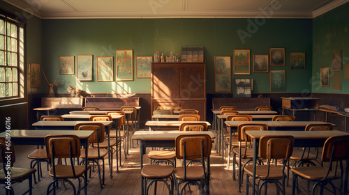 A vintage high school classroom with wooden desks and chairs, symbolizing the back-to-school concept in secondary education photo