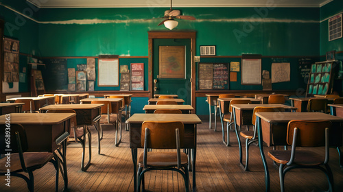 A vintage high school classroom with wooden desks and chairs, symbolizing the back-to-school concept in secondary education