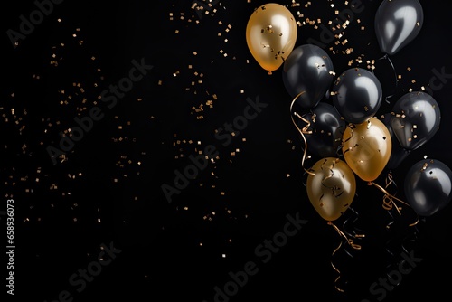 Black and golden balloons with confetti on black background, copy space, Black and golden balloons with confetti on black background, AI Generated
