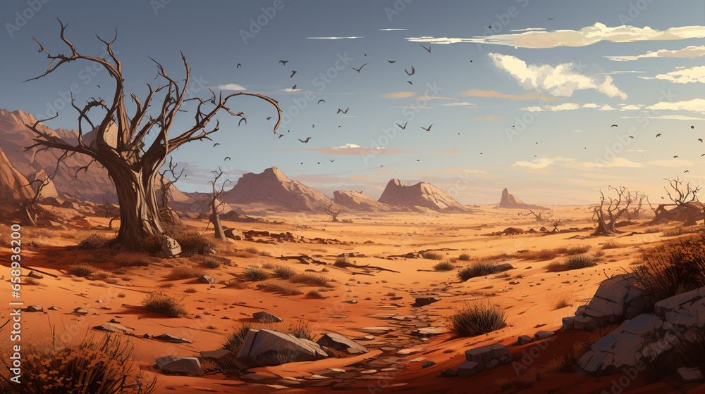 Desert with dead tree and dried river steam valley state country - obrazy, fototapety, plakaty 