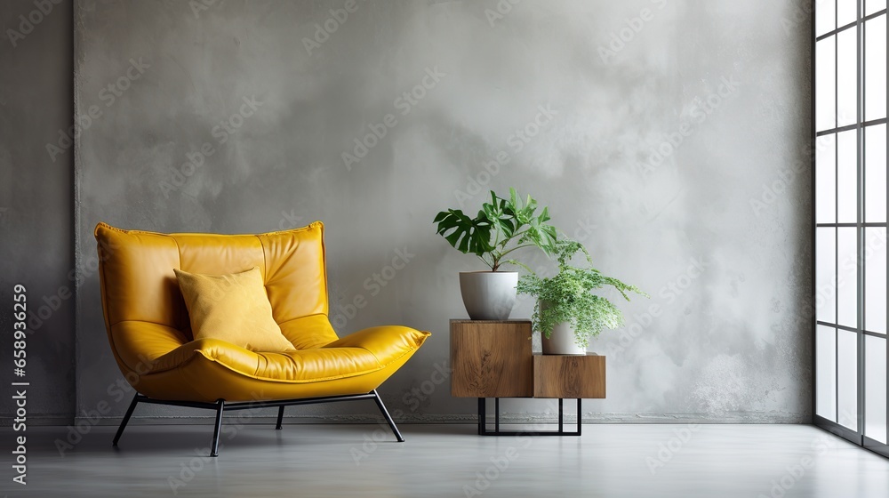 Yellow leather lounge chair against window near concrete stucco wall