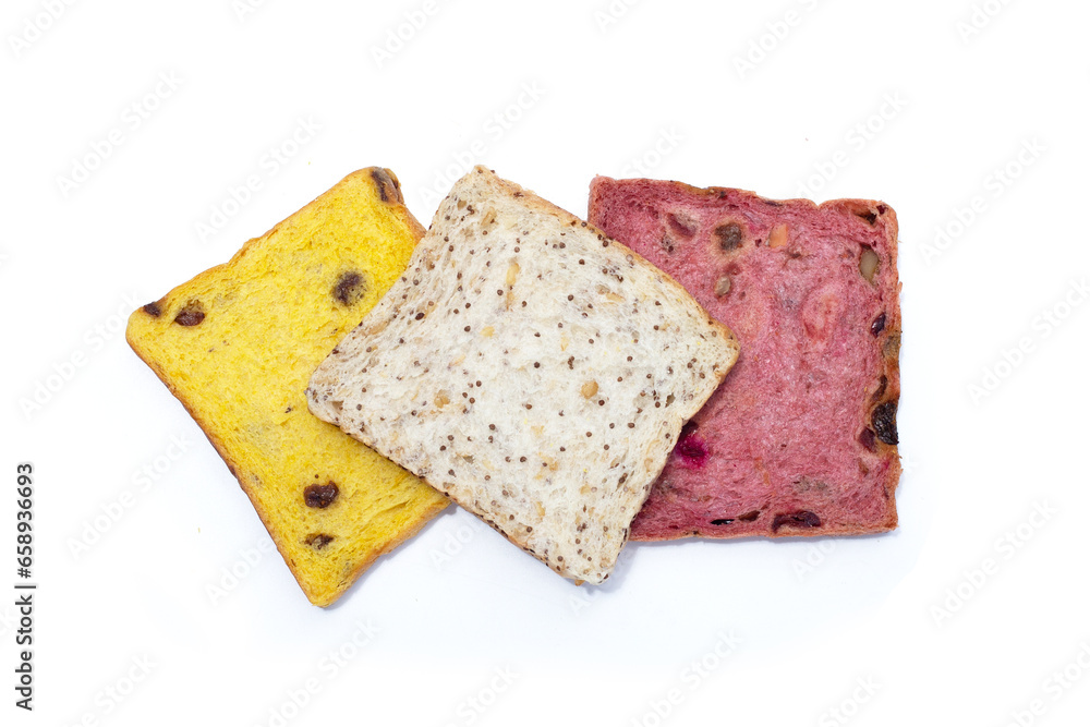 Whole grain bread slices on white background.