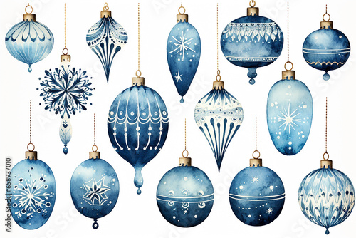 Set of pretty decorated blue cream and gold hand painted watercolor style, Christmas ornament baubles isolated on white background photo