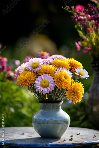 Wallpaper Mural Composition of pink and yellow Chrysanthemums and Buttercups in a glazed ceramic vase, on a shabby wooden table on a blurred shabby background. Vertical image. Torontodigital.ca