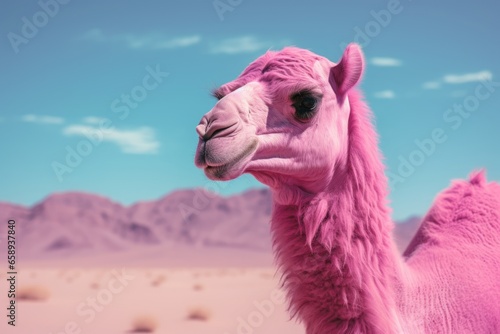 Portrait of pink camel in the desert. AI generative art