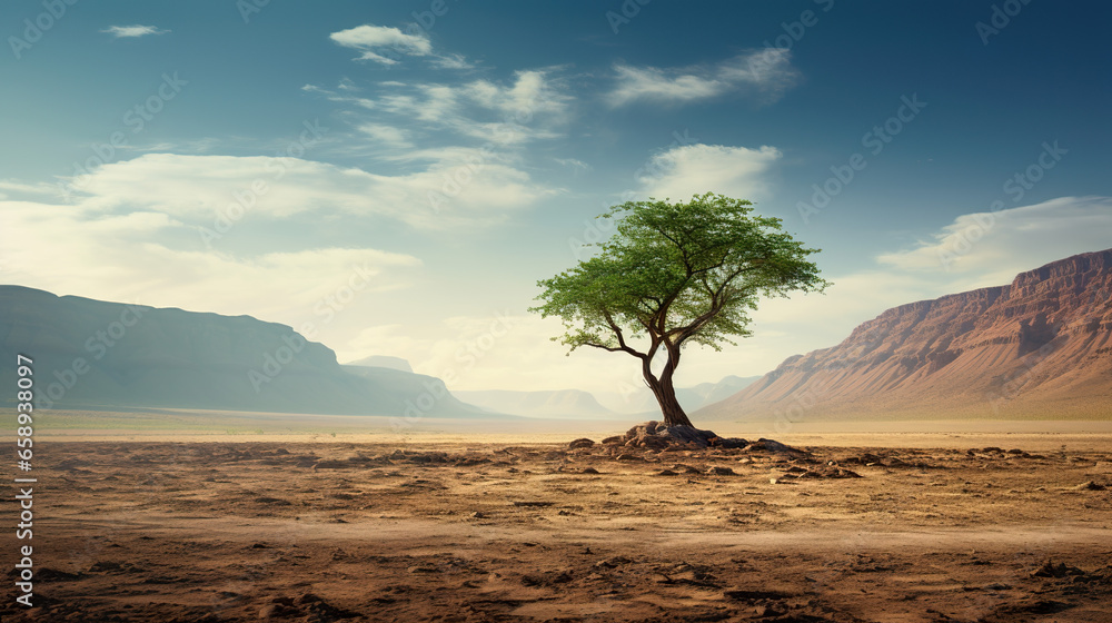 A solitary green tree in the midst of the desert