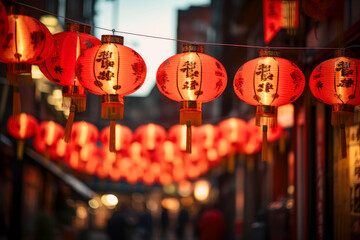 Chinese new year lanterns. Traditional street decorated for Christmas.