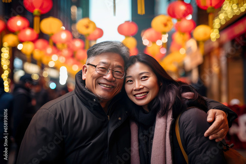 Asian couple celebrating Chinese New Year on the street