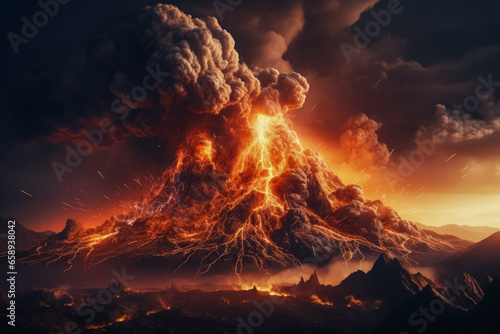 Smoky volcanic eruption in a fiery landscape background with empty space for text 