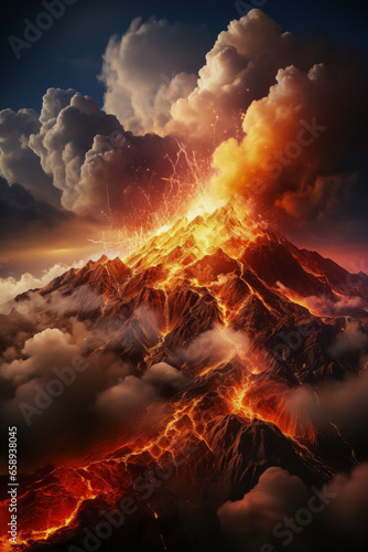 Smoky volcanic eruption in a fiery landscape background with empty space for text 