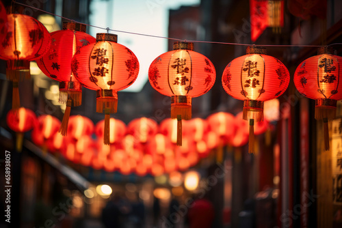 Chinese new year lanterns. Traditional street decorated for Christmas. photo