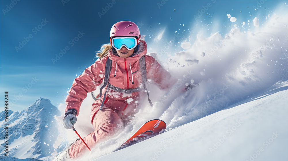 Woman skier jumping in the snow mountains on the slope with her ski and professional equipment on a sunny day, skier on the slope, the process of skiing, copy space Woman skier jumping in the snow mountains on the slope with her ski and professional equipment on a sunny day, skier on the slope, the process of skiing, copy space
