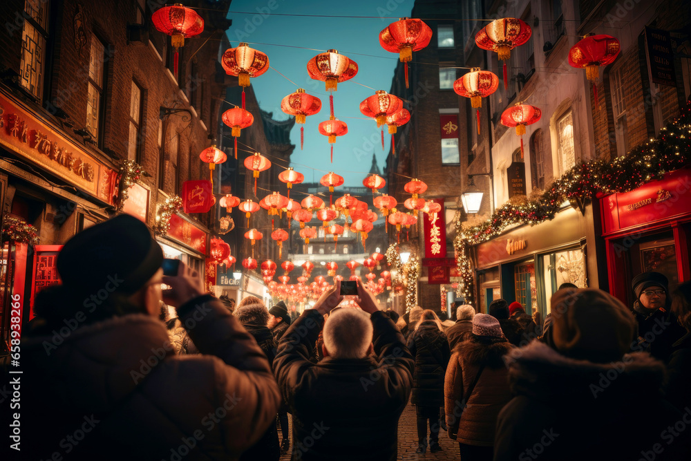 Chinese new year lanterns. People on the street celebrating the traditional festival