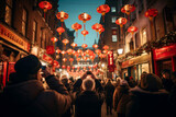 Chinese new year lanterns. People on the street celebrating the traditional festival