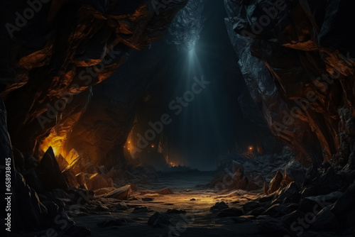 Gloomy cave entrances under eerie lights background with empty space for text 