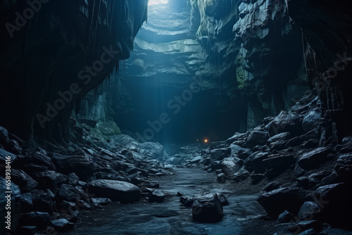 Gloomy cave entrances under eerie lights background with empty space for text 