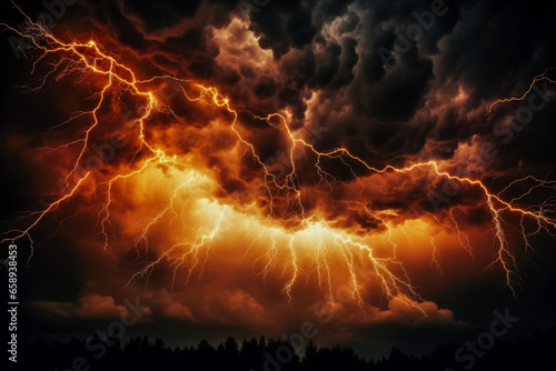 Fiery lightning strikes under stormy hellish skies background with empty space for text 