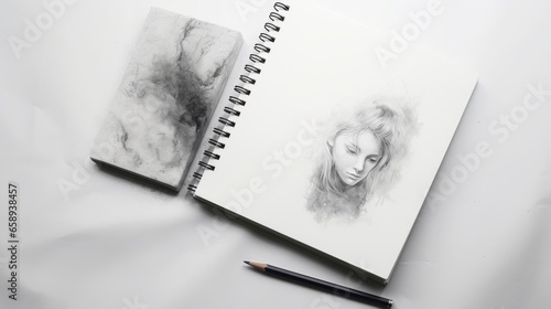 Fotografía A sketchbook with a pencil and a face on a white background