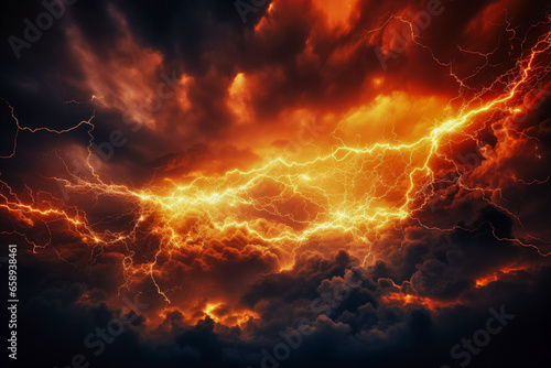 Fiery lightning strikes under stormy hellish skies background with empty space for text 