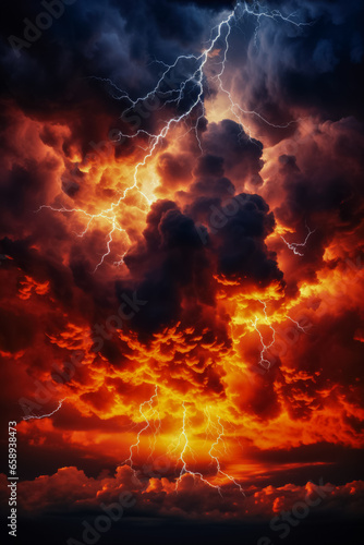 Fiery lightning strikes under stormy hellish skies background with empty space for text 