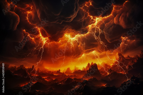 Fiery lightning strikes under stormy hellish skies background with empty space for text 