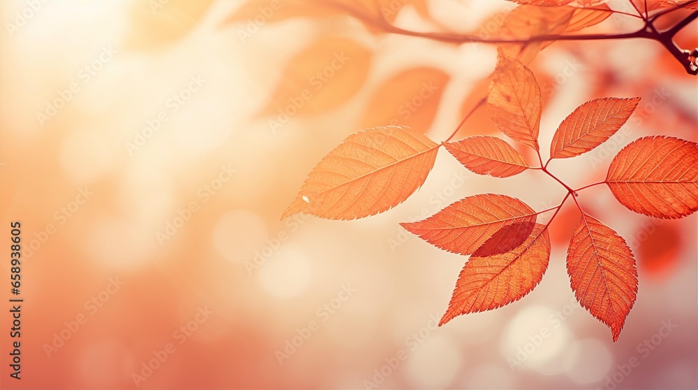 Autumn leaves with blurred background, autumn background in light and beige, sunlight with yellow light,space for product presentation and text
