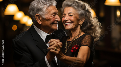 An elegant black-and-white photograph of a mature couple waltzing gracefully at a formal ballroom dance event