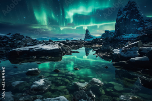 Arctic landscape shimmers beneath ethereal Northern Lights hinting at celestial paradise 