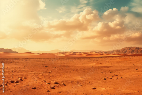 Bleak desert panorama under torrid sun background with empty space for text 