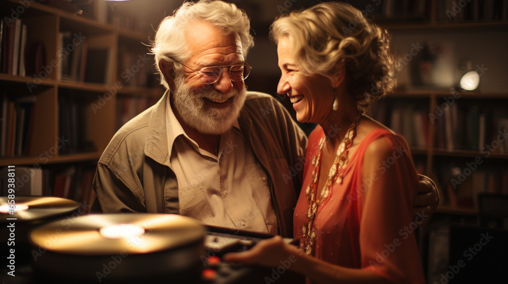 A nostalgic image of a mature couple dancing in their living room to their favorite vinyl records, bathed in soft lamplight
